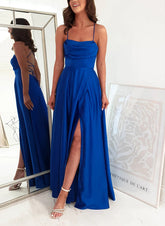 A-Line Sleeveless Satin Prom Dress with Split Front and Sweep Train-27dress